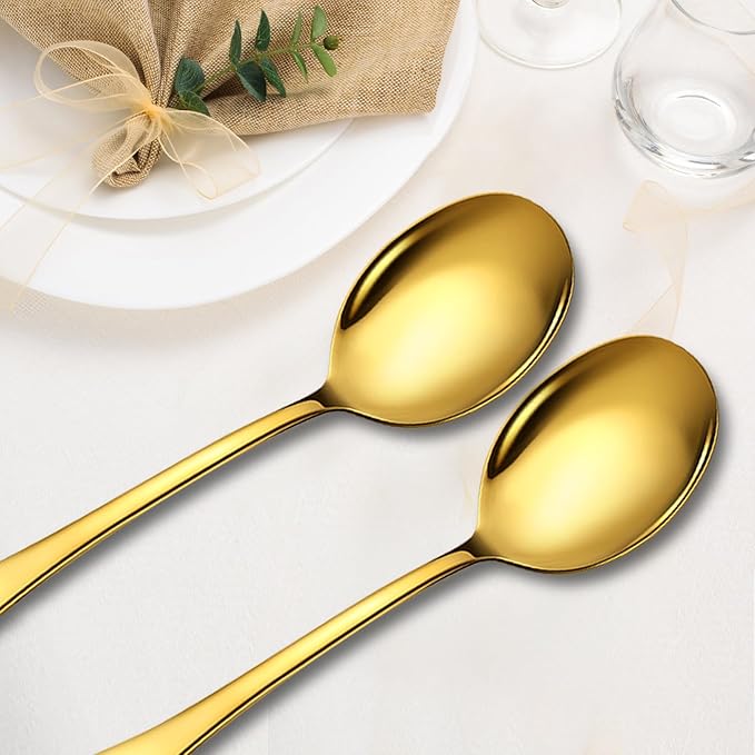 4 Piece Stainless Steel Serving Spoons Set, 10-Inch, Includes 4 Large Spoons, for Parties/Kitchen/Buffet/Catering, Dishwasher Safe,Gold