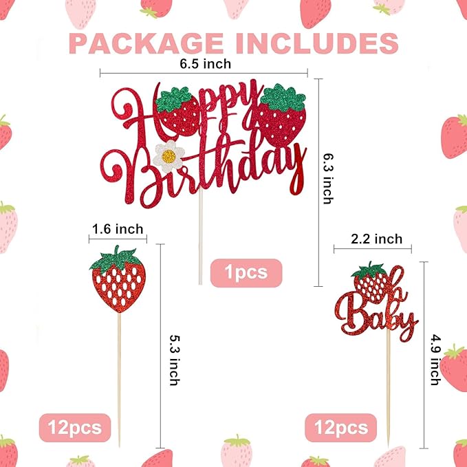 25Pcs Strawberry Cake Topper Glitter Oh Baby Strawberry Cupcake Toppers for Fruit Theme Baby Shower Birthday Summer Party Cake Decorations Supplies Red