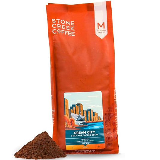 Stone Creek Coffee Medium Roast Ground Coffee ??2 LB (Pack of 1) ??Specialty Smooth and Sweet Fresh Roasted Coffee Beans with Fruity/Chocolate Tasting Notes, Cream City