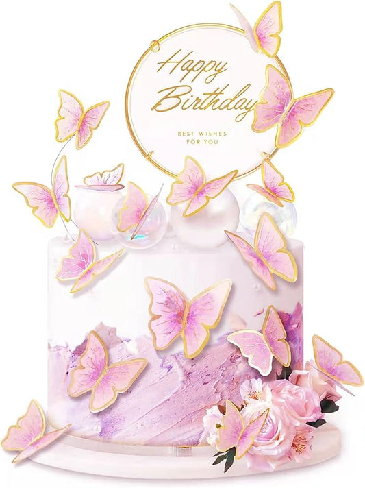 11-Piece Pink Gold Butterfly Cake Toppers Set - Happy Birthday Metal Gold Cake Topper & Decorations (LL-652)