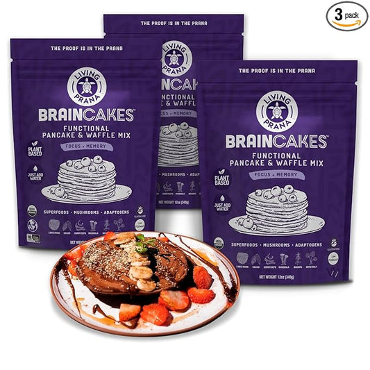 BrainCakes Superfood Organic Pancake & Waffle Mix Gluten Free | Memory, Focus & Stress Support | Just-Add-Water | By LIVING PRANA | 12oz (3-pack)