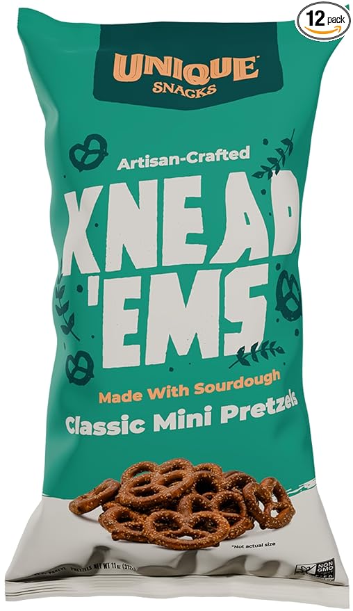Unique Snacks Knead 'Ems, Sourdough Mini Pretzels, Artisan-Crafted Vegan Snacks, Non-GMO, Kosher Chips, 11 oz. Snack Bags, Pack of 12