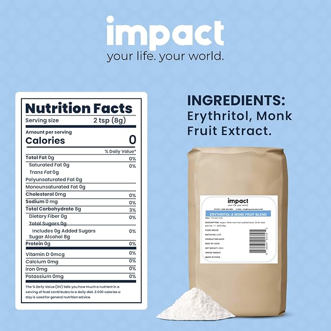 Impact White Monk Fruit & Erythritol Sweetener Blend - Gluten Free, Zero Calories, Net Carbs, Keto, Vegan, Non-GMO - 1 is to 1 Sugar Substitute - 55lbs