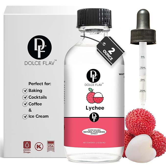 Dolce Flav Natural Lychee Extract ??2 Ounce Water-Soluble Kosher, Sugar-Free, Concentrated Exotic Lychee Flavoring for Beverages, Desserts & Baking, Includes Measured Dropper