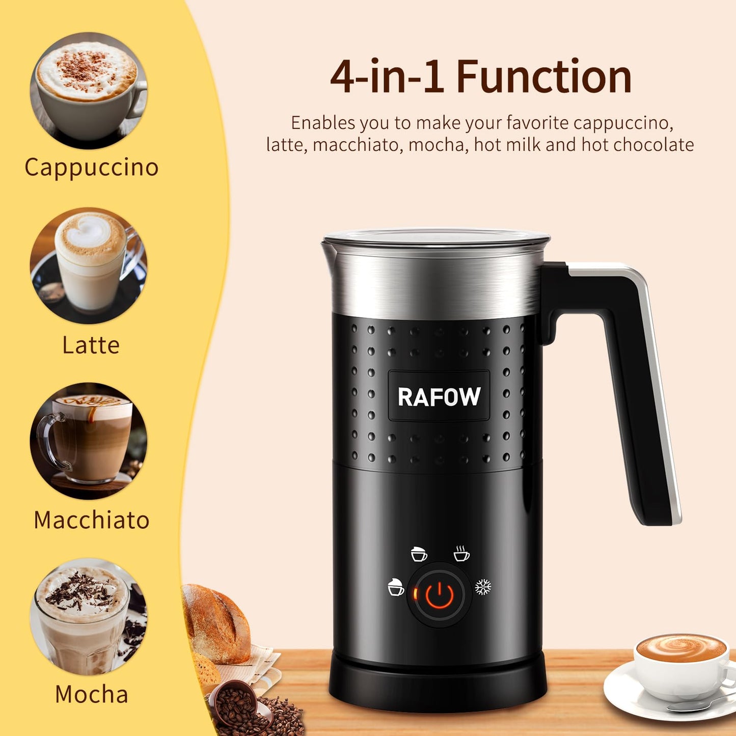 4 in 1 Electric Milk Frother: 10oz/350 mL Large Capacity Electric Milk Steamer for Hot and Cold