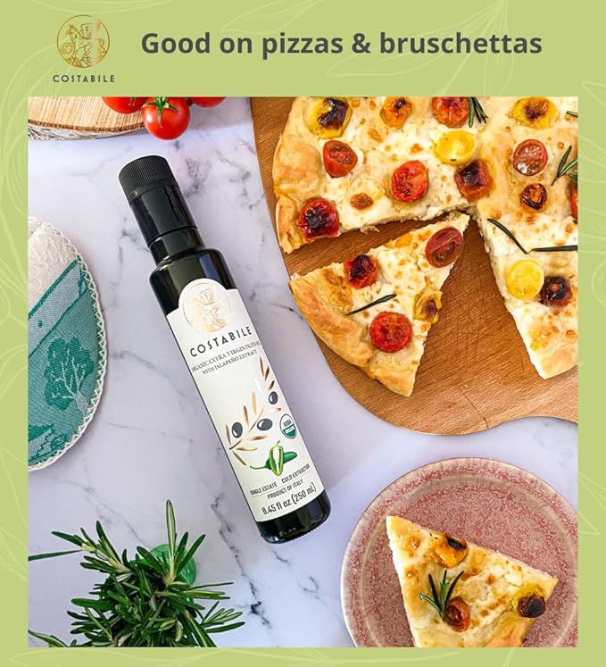 Jalapeño Olive Oil. Spicy, Flavorful, Hot Extra Virgin Olive Oil Infused with Organic Jalapeño. Ideal hot dressing for Pizza, Cooking & Popcorn - COSTABILE 8.45 Fl. OZ.