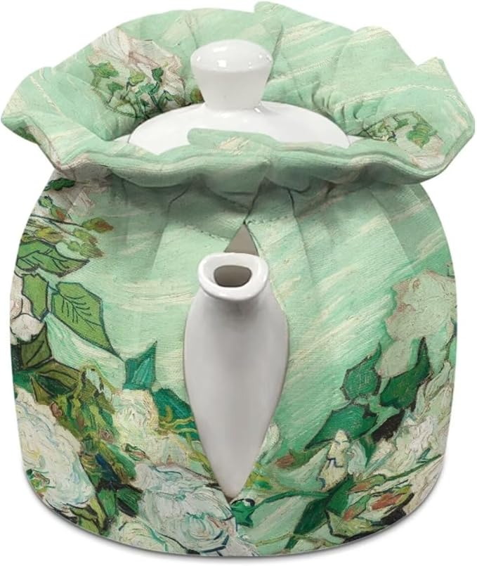 Van Gogh White Rose Teapot Cozy Tea Pot Dust Cover Teapot Insulation Cover Decorative Teapot Cover Kettle Protective Kitchen Accessory for Hotel Restaurant Tea Party