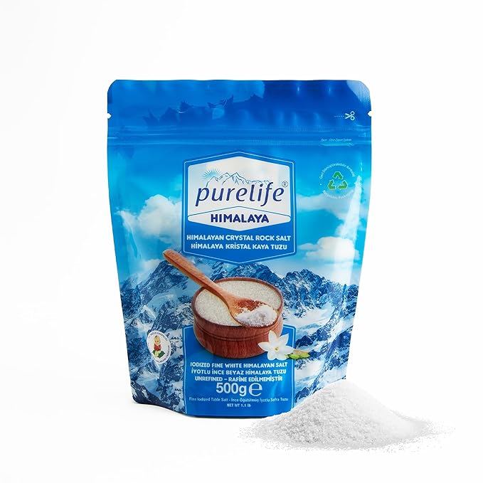 Purelife Himalayan Salt Fine - White Iodized Salt, Kosher Certified | Premium Unrefined Gourmet Rock Salt, Extra Fine and Rich in Minerals for Enhanced Flavor - 1.1 lbs