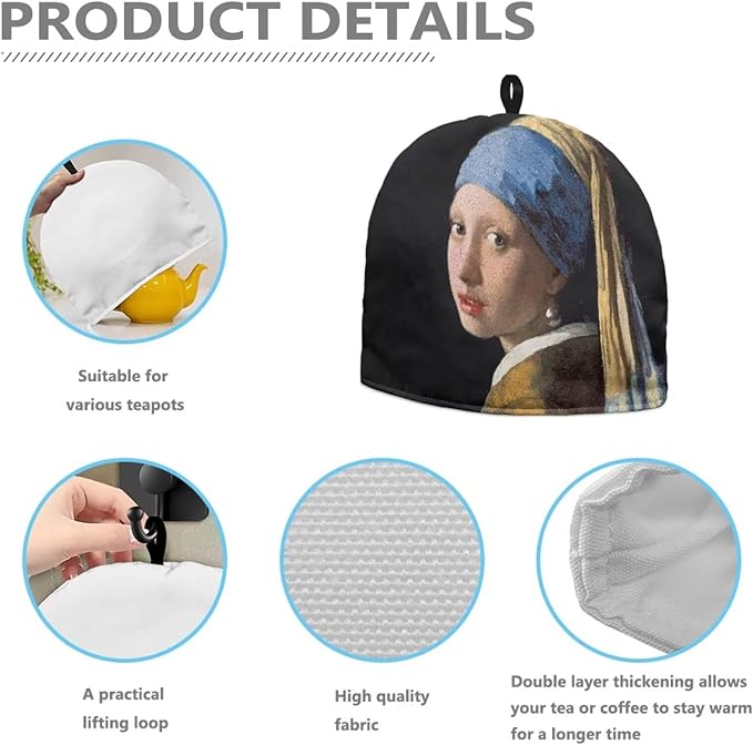 Tea Cozy The Girl with a Pearl Earring Teapot Covers Kitchen Kettle Dust Cover Tea Kettle Cover Breakfast Insulated Keep Warmer for Tea Pot Kitchen Decoration 竊뉰lack竊?"<div>