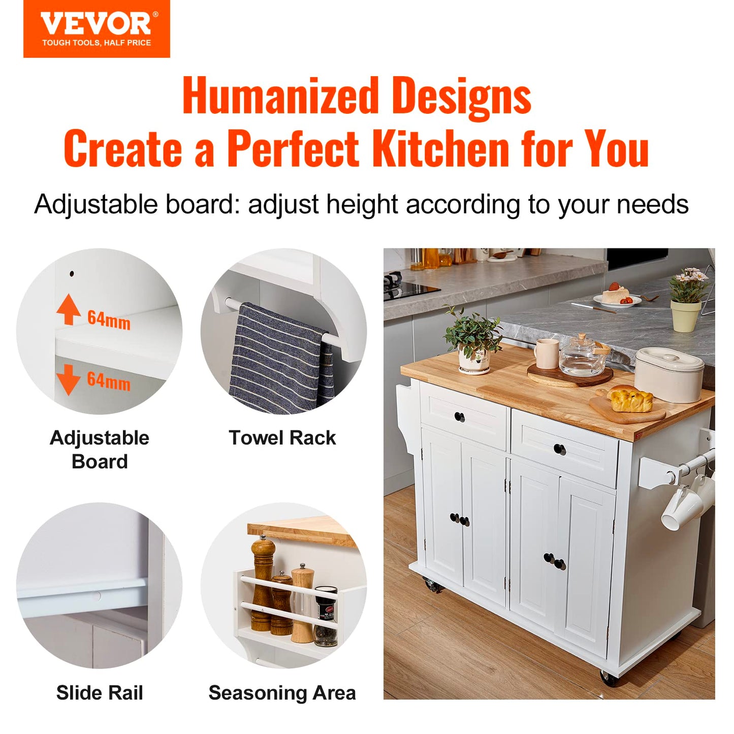 VEVOR Kitchen Island Cart with Solid Wood Top, 35.4" Width Mobile Carts with Storage Cabinet