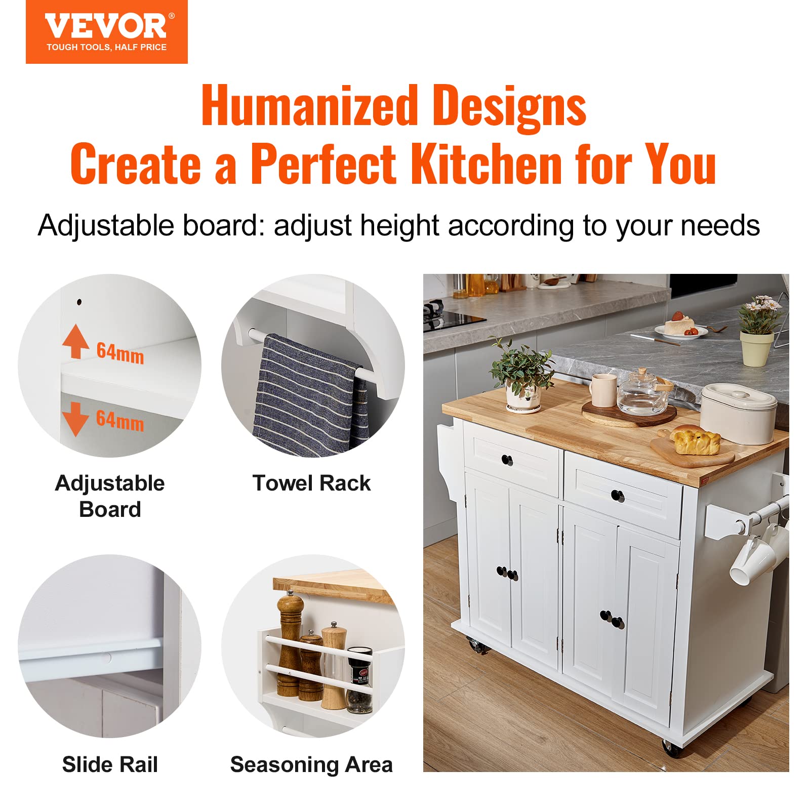 VEVOR Kitchen Island Cart with Solid Wood Top, 35.4" Width Mobile Carts with Storage Cabinet