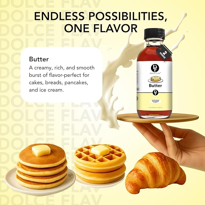 Dolce Flav Butter Extract ??2 Ounce Water-Soluble Kosher, Sugar-Free, Concentrated Imitation Butter Flavor for Baking, Cookies & Frostings, Includes Measured Dropper