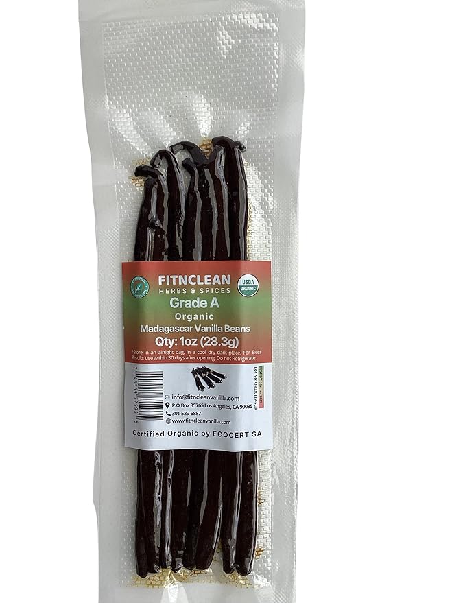 1oz. Madagascar Organic Vanilla Beans Gourmet Grade A. Certified USDA Organic 6"-7.5" by FITNCLEAN VANILLA for Cooking, Brewing, Extract Fresh Bourbon NON-GMO Whole Pods