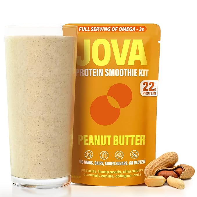 JOVA Peanut Butter Smoothie Kit | High in Protein (22g) and Fiber (10g) | 10g Collagen, Daily Serving of Omega 3 (Gluten-Free, Non-GMO) Creamy, Nutritious & Ready in 1 Minute, Single Serve