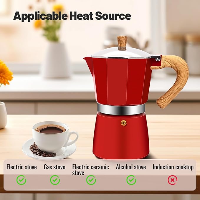 9 Cup Aluminum Moka Pot Classic Stovetop Espresso Coffee Maker 450ml 15oz Coffeemaker Percolator Mocha Pot Greca Coffee Maker Cafe Makers for Italian and Cuban Cafì±?Brewing Red