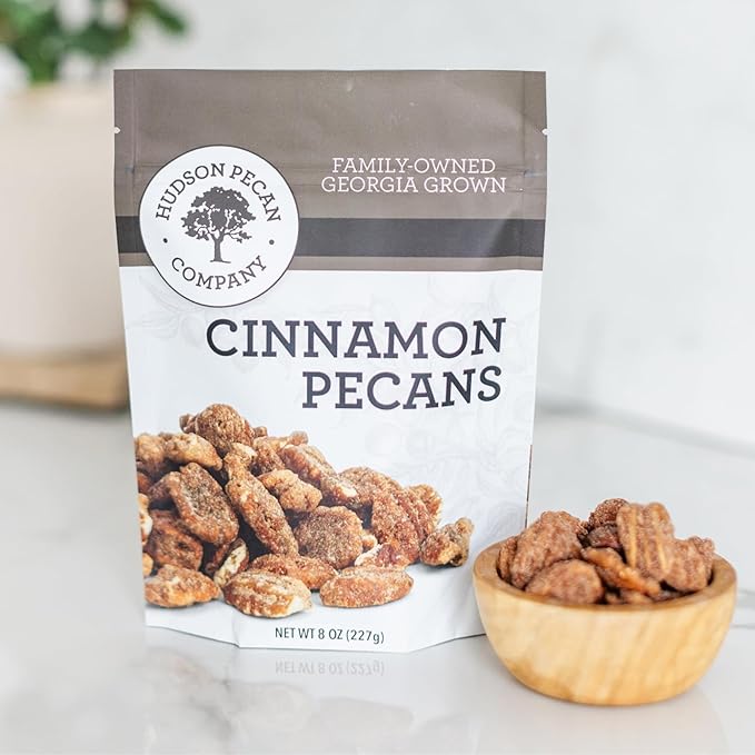 HUDSON PECAN COMPANY: Cinnamon Pecans, Georgia Grown, Family Owned. Cinnamon & Sugar Candy Coated Pecans, Expertly Baked to Perfection, (Perfect for Salads, Baking, Snacking & Gifting), 8oz