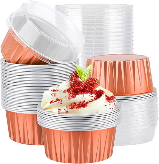 EUSOAR Cupcake Liners, 30pcs 5oz Aluminum Foil Loaf Pan with Lids Dessert Containers, Mini Disposable Dessert Cups Custard Flan Molds Muffin Liners Baking Creme Brulee Ramekins for Oven Baking-Orange