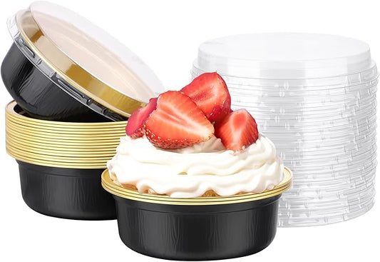 Beasea Disposable Ramekins with Lids, 20 Pack 8.8oz 260ml 4 Inch Disposable Round Aluminum Foil Cups Cupcake Mini Pudding Baking Cups for Party - Black Gold