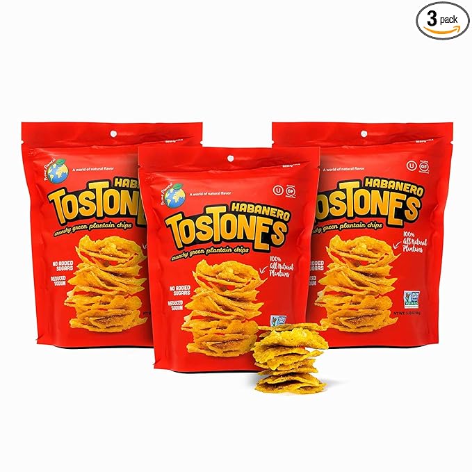 TOSTONES, Green Plantains, Re-Sealable Bag, Crunchy chips, Plantains, Palm Oil and Salt, 3.53 Oz per Unit, HABANERO Flavored, 3 Pack,