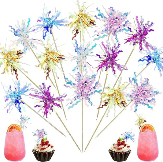 50 Pcs Foil Firework Cupcake Toppers, Glitter Sparkle Tinsel Frill Toothpicks for Cake Cocktail Food Fruit Decoration (Pink, Blue, Deep Purple, Yellow, White)