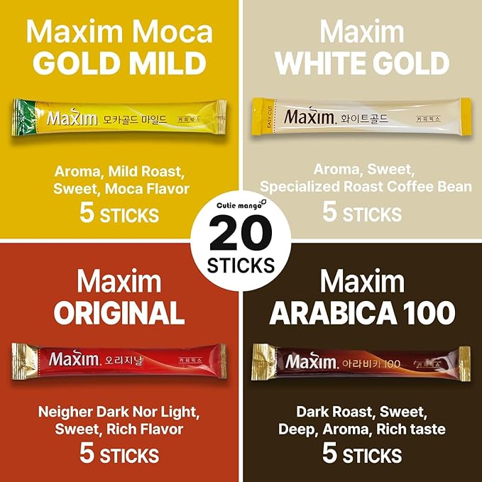 Korean Instant Coffee Mix Variety 20 Sticks (4 Types) Maxim Instant Single Serve Mocha White Arabica Original Flavors (5 Sticks Each)