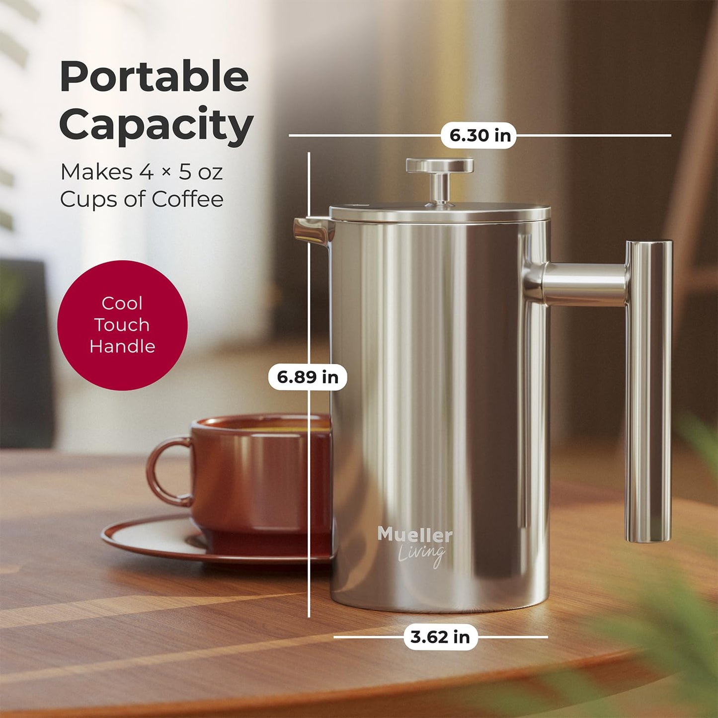 MuellerLiving French Press Coffee Maker 20oz, Stainless Steel French Press Coffee, 4 Filter Heat