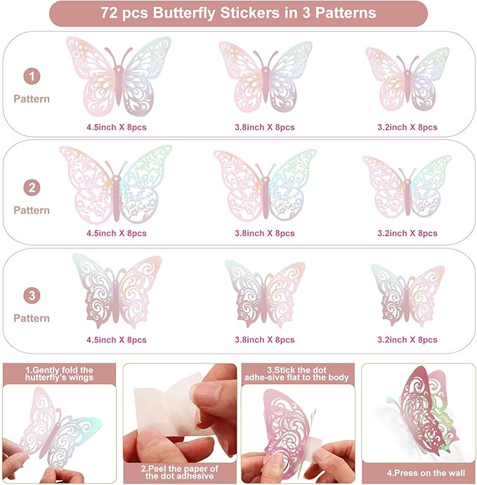 72 Pcs Butterfly Decorations, 3 Sizes 3 Styles, Butterfly Wall Decor, Butterfly Party Decorations, Birthday Decorations, Butterflies for Crafts, Cake Decorating, Wall Stickers Room Decor(Rainbow Pink)