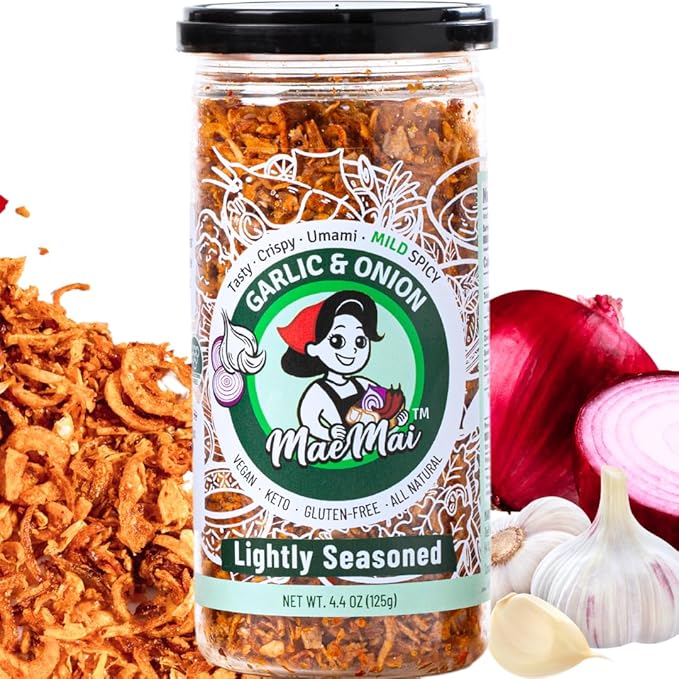 MaeMai MILD Spice - Crispy Onions & Garlic Flakes - Keto, Healthy Seasoning, Salad Toppings, Fried Garlic - Ramen, Rice Seasoning, Vegan, Gluten-free | 5.47 Ounce Resealable Bottle