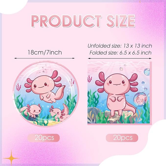 40Pcs Pink Cartoon Axolotl Birthday Party Decorations Reptile Animals Party Tableware Set Axolotl Party Paper Plates and Napkin訝쭮oys Girls Birthday,Baby Shower Axolotl Theme Party Supplies,Serve 20