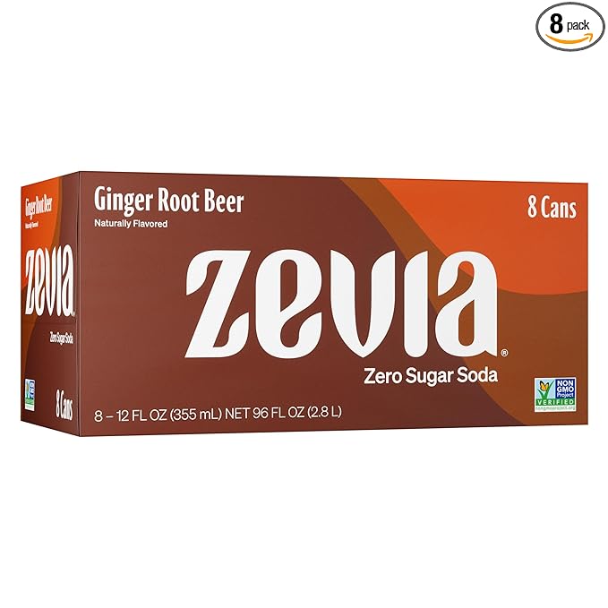 Zevia Zero Sugar Soda, Ginger Root Beer, 12 oz Cans (8-Pack) ??Naturally Sweetened, Non-GMO Project Verified, Gluten-Free, Vegan