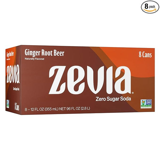 Zevia Zero Sugar Soda, Ginger Root Beer, 12 oz Cans (8-Pack) ??Naturally Sweetened, Non-GMO Project Verified, Gluten-Free, Vegan