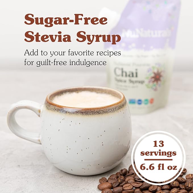 NuNaturals Stevia Syrup, Sugar-Free Sweetener, Plant-Based Sugar Substitute, Zero Calorie, Chai Spice, 6.6 oz (3-Pack)