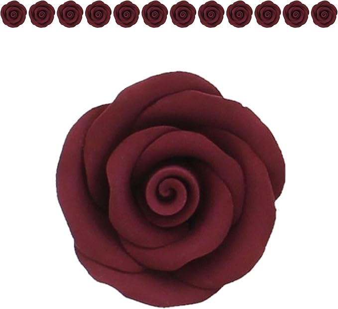 Global Sugar Art Premium Edible Roses, Burgundy, Unwired, Medium 1.5 inches, 12 Count by Chef Alan Tetreault