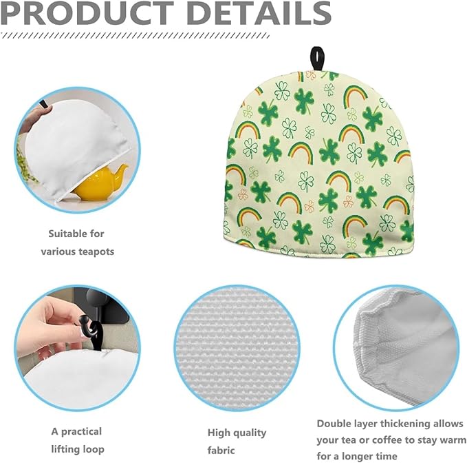 Hudotybom Four-Leaf Clover Rainbow Tea Cozy for Teapot - Insulated Large Teapot Cover to Keep Warm Tea Kettle Machine Washable Coffee Pot Cloth Covers - St. Patrick's Day Decorations