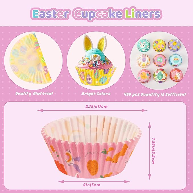 SANNIX 450pcs Easter Cupcake Liners, Bunny Chick Egg Flower Baking Cups Cupcake Wrappers Paper Wraps Muffin Liners for Easter Spring Birthday Party Candy Cake Decorations Supplies(9 Designs)