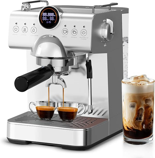20 Bar Espresso Machine with Cold Brew,Stainless Steel Espresso Coffee Maker with Milk Frother,Latte & Cappuccino Machine for Home,50 oz Removable Water Tank,Dual-Temperature,Semi-Automatic