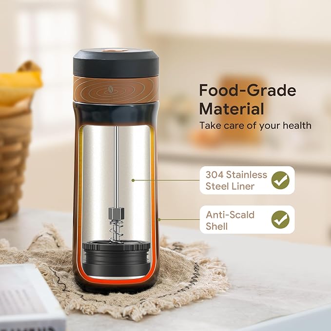 The Original Portable French Press Stainless Steel Coffee Maker Premium Vacuum Insulated Travel Mug Hot & Cold Brew French Presses (Black upgraded Version)