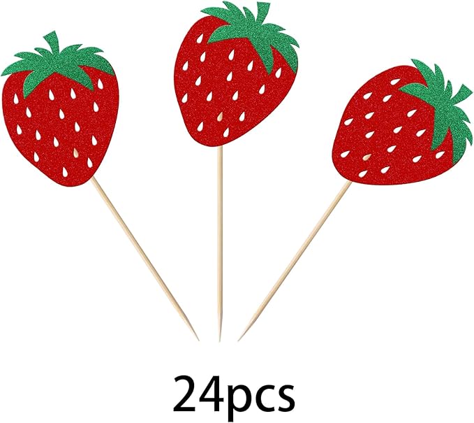 24 Pack Strawberry Cupcake Toppers Glitter Birthday Strawberry Cupcake Picks for Fruit Baby Shower Kids Birthday Summer Berry Cupcake Decorations Party Supplies Red