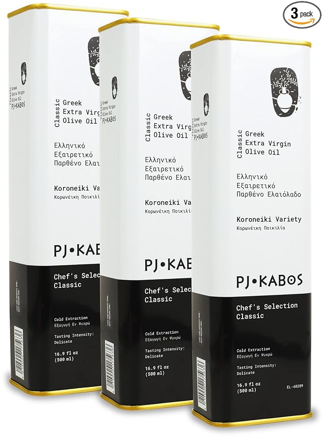 P.J. KABOS 2024/25 Harvest, Everyday Greek Extra Virgin Olive Oil, Kosher, Greece, Cold Extracted, 16.9 oz Tin, Koroneiki, "Chef's Selection Classic - Delicate" (3-Pack)