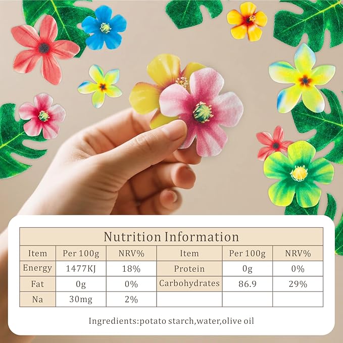 83 Pcs Edible Flowers Cake Decorations, Tropical Cupcake Toppers, Hawaiian Cake Decorations, Tropical Leaves & Edible Flowers for Hawaiian Birthday, Jungle Theme Birthday Party Decoration Supplies
