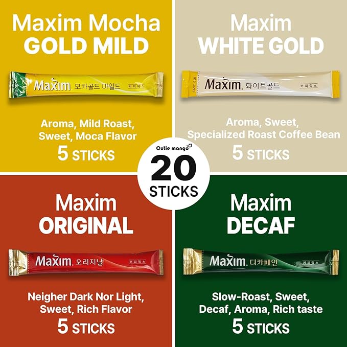 Korean Instant Coffee Mix Variety 20 Sticks (4 Types) Maxim Instant Single Serve Mocha White Decaf Original Flavors (5 Sticks Each)