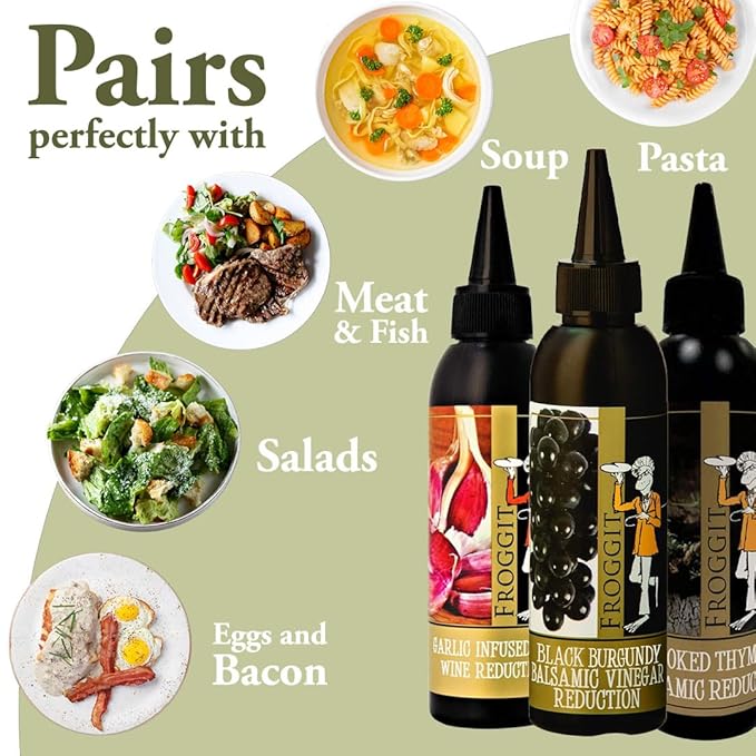 Froggit 3-Piece Garlic Infused Red Wine Vinegar, Burgundy Bliss Balsamic Reduction, Smoked Thyme Balsamic Vinegar Reduction, 150ml Non GMO