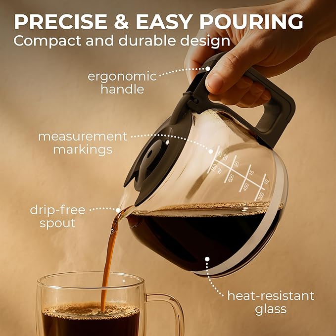 Kaffe Universal Replacement Coffee Carafe - 5 Cup Glass Pot for Drip Coffee Makers - Glass, Easy-Grip Handle, Sneak-A-Cup Compatible - Capacity Markings, Dishwasher Safe
