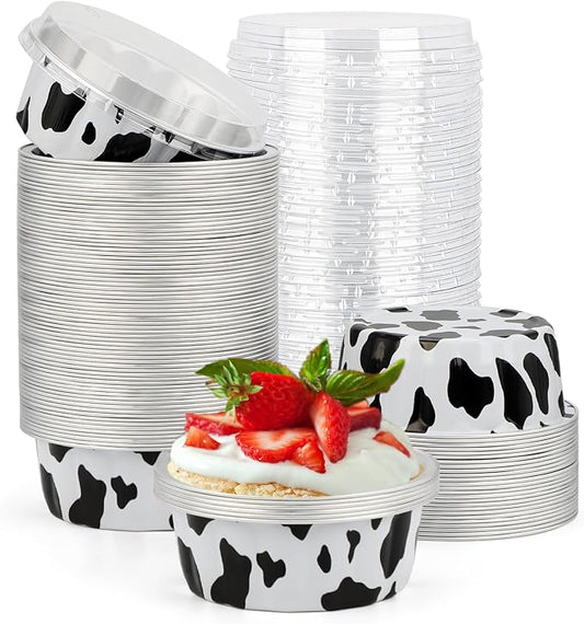 Beasea Aluminum Cups for Baking, 8oz 100 Pack Disposable Ramekins with Lids, Black White Aluminum Foil Cups Creme Brulee Muffin Cupcake Baking Cup Mini Pudding Cups for Party Wedding Birthday