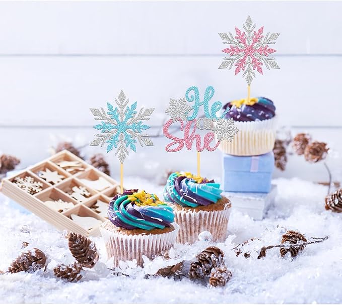 24PCS Snowflake He or She Cupcake Toppers for Gender Reveal Decorations, Frozen Snowflake Boy or Girl Cake Topper for Winter Baby Shower Decorations (B/G)