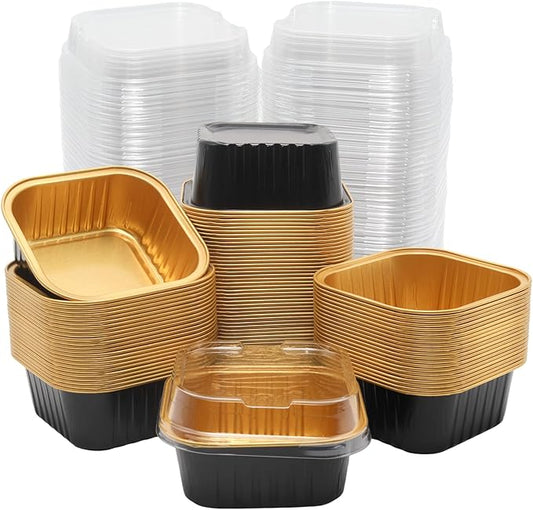 100 Pack 5oz Aluminum Pans with Lids Mini Square Foil Baking Cups with Lids Cupcake Baking Holders, Black Gold
