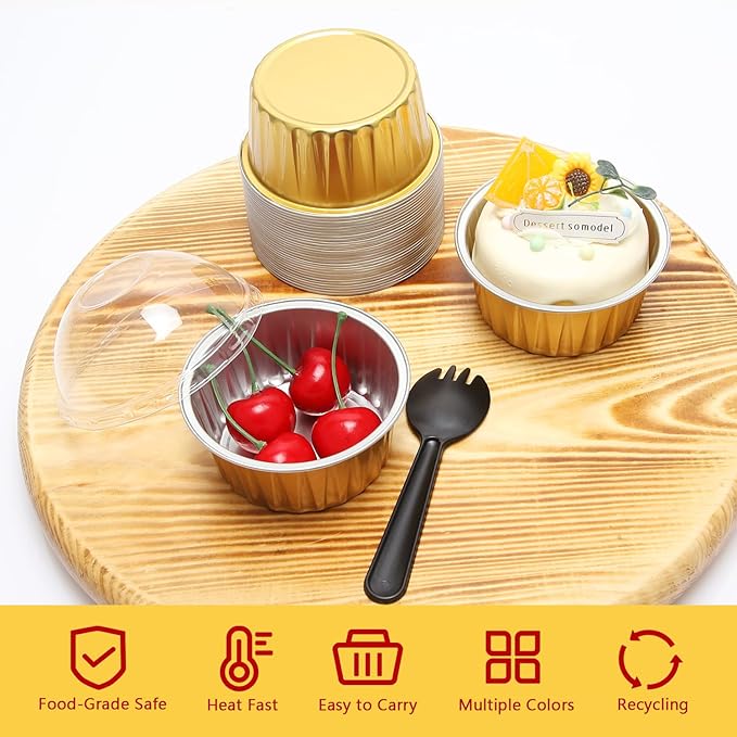 Aluminum Cupcake Liners with Dome Lids 50 Pack,Free-Air 5oz Foil Baking Cups Muffin Tins,Disposable Ramekins Jumbo Muffin Liners for Wedding Birthday Party,with 50 Spoons-Gold