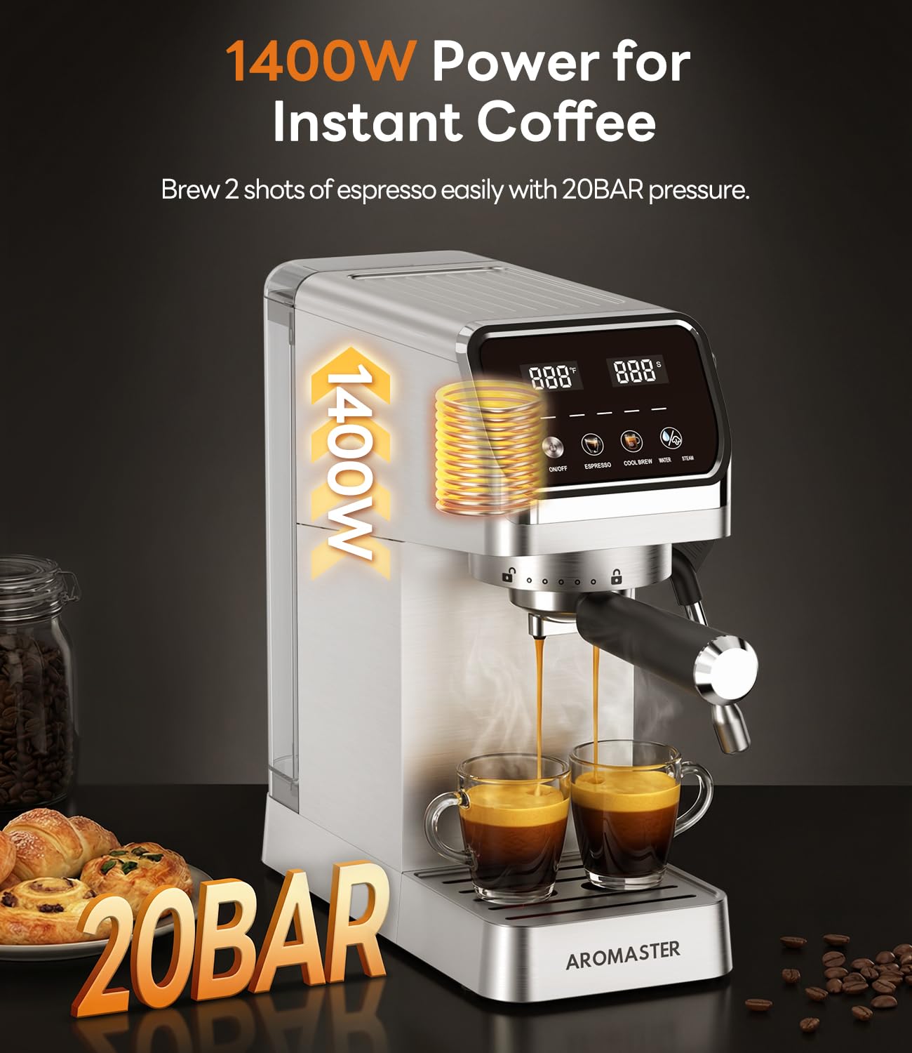 Aromaster 1400W Espresso Machine with Milk Frother, Stainless Steel