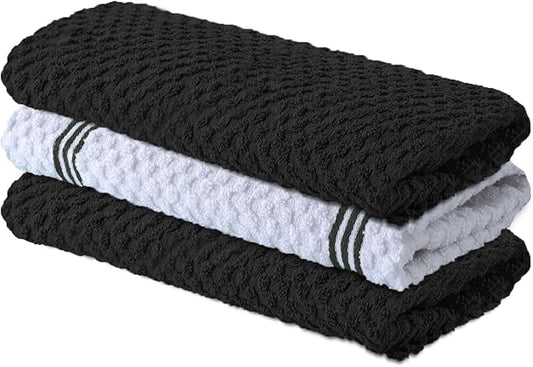 Infinitee Xclusives Premium Kitchen Towels ??Pack of 3, 100% Cotton |15 x 25| Inches Absorbent Dish Towels - Terry Kitchen Dishcloth Towels - Black Dish Cloth for Household Cleaning