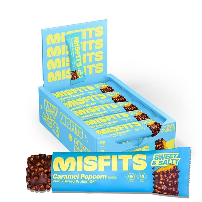 Misfits Vegan Protein (15 g) Bars, Sweet & Salty Caramel Popcorn | Plant Based, Gluten Free, Low Sugar & Carb Snacks with 4 g Fiber | Pack of 15